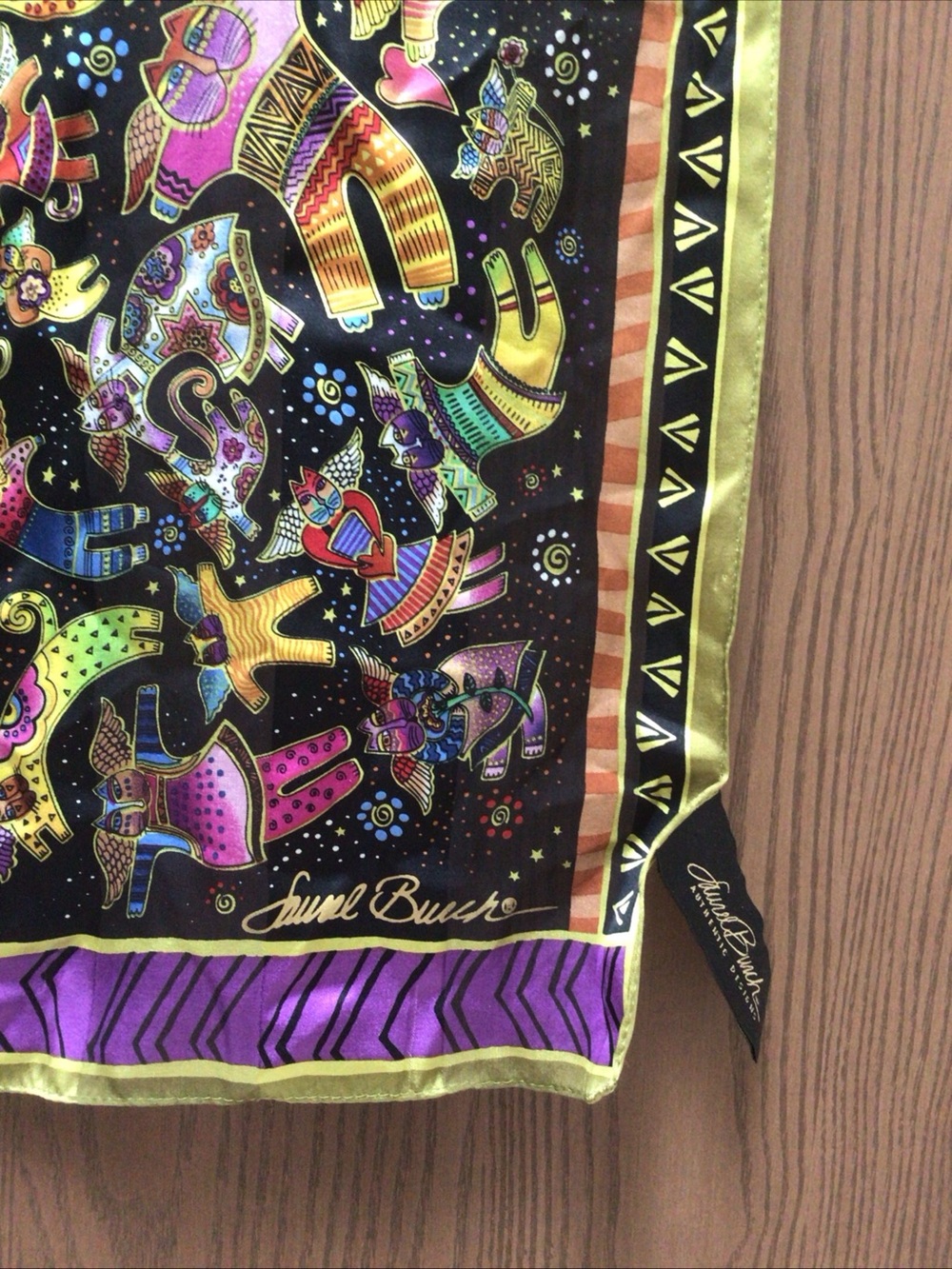 Laurel Burch Black Silk Scarf with Multicolor Elephant Motif 100% silk